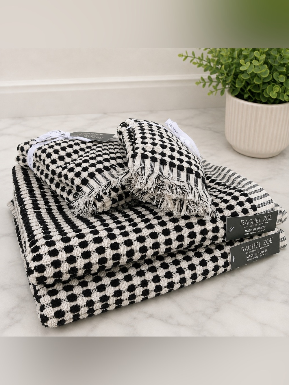 Rachel Zoe Black & Ivory Checkered Turkish Cotton 6-Piece Towel Set Fringe Trim